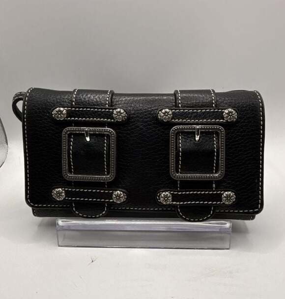 Brighton Handbags - Brighton Black Pebbled Leather Organizer Wallet with Buckle Accents and Strap